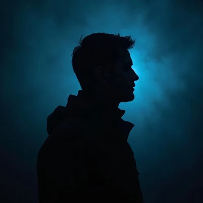 black pfp — side-profile silhouette, ice blue rim lighting, low fog at shoulders