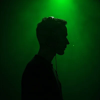 black pfp — faceless figure wearing headphones, lime green rim lighting, floating dust particles in light