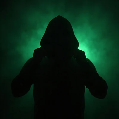 black pfp — figure pulling hood up, lime green rim lighting, low fog at shoulders
