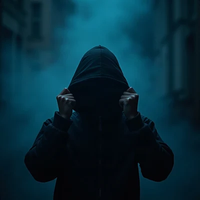 black pfp — figure pulling hood up, ice blue rim lighting, low fog at shoulders