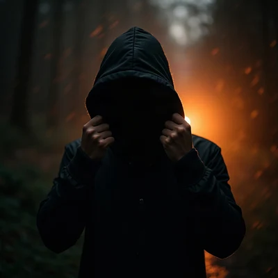 black pfp — figure pulling hood up, amber rim lighting, rain streak bokeh behind