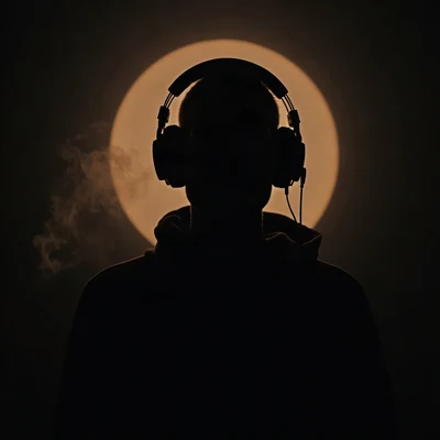 black pfp — faceless figure wearing headphones, amber rim lighting, thin smoke wisps