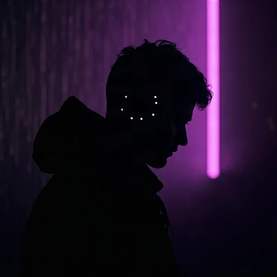 black pfp — faceless figure wearing headphones, violet rim lighting, rain streak bokeh behind