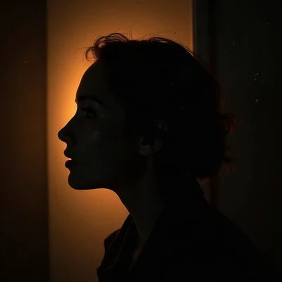 black pfp — side-profile silhouette, amber rim lighting, floating dust particles in light