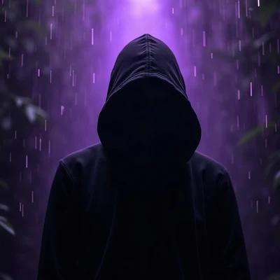 black pfp — hooded figure facing forward, violet rim lighting, rain streak bokeh behind