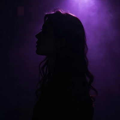black pfp — silhouette looking over shoulder, violet rim lighting, floating dust particles in light