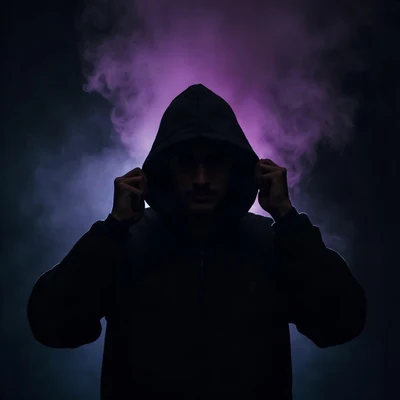 black pfp — figure pulling hood up, violet rim lighting, thin smoke wisps