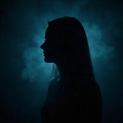 black pfp — side-profile silhouette, ice blue rim lighting, floating dust particles in light