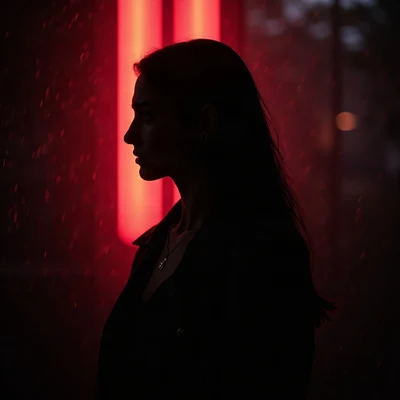 black pfp — side-profile silhouette, crimson rim lighting, rain streak bokeh behind