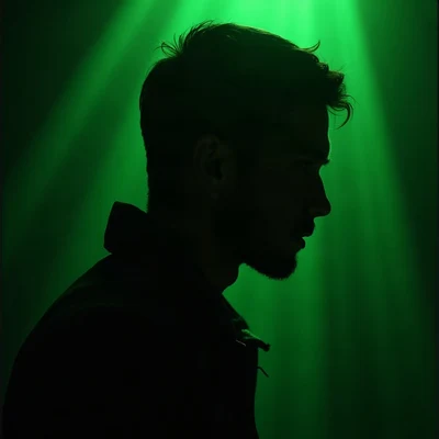 black pfp — side-profile silhouette, lime green rim lighting, rain streak bokeh behind