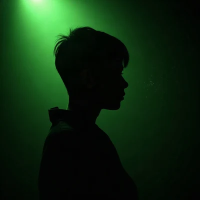 black pfp — silhouette looking over shoulder, lime green rim lighting, floating dust particles in light