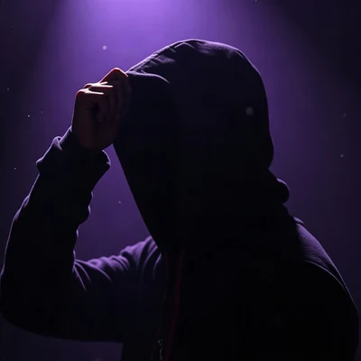 black pfp — figure pulling hood up, violet rim lighting, floating dust particles in light