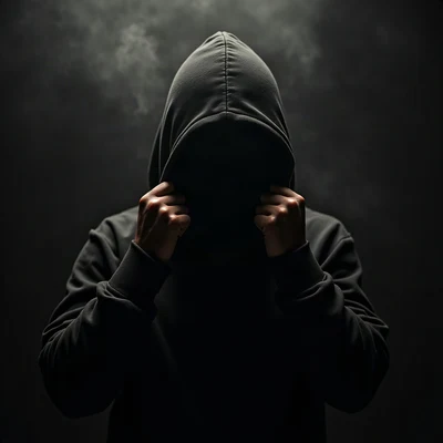 black pfp — figure pulling hood up, amber rim lighting, thin smoke wisps