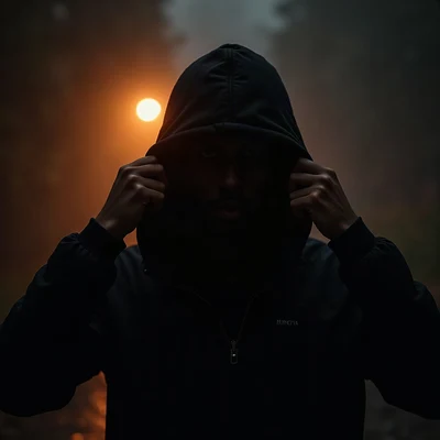 black pfp — figure pulling hood up, amber rim lighting, rain streak bokeh behind