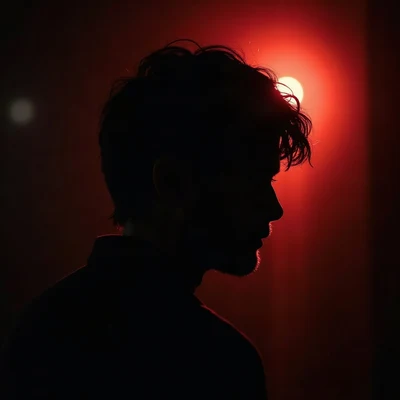 black pfp — silhouette looking over shoulder, crimson rim lighting, rain streak bokeh behind