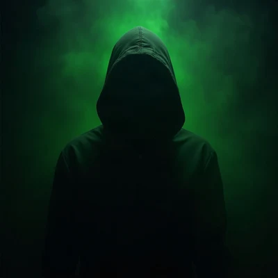 black pfp — hooded figure facing forward, lime green rim lighting, thin smoke wisps