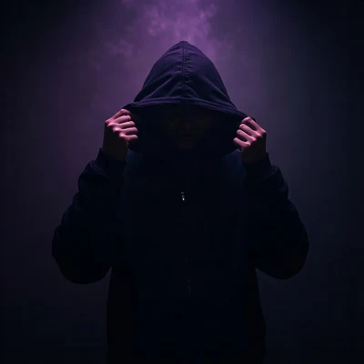 black pfp — figure pulling hood up, violet rim lighting, low fog at shoulders