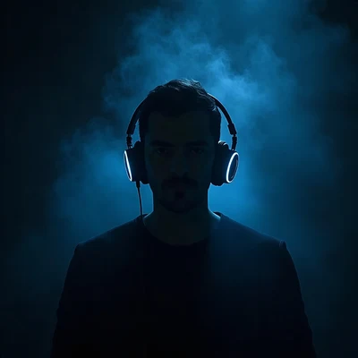 black pfp — faceless figure wearing headphones, ice blue rim lighting, thin smoke wisps