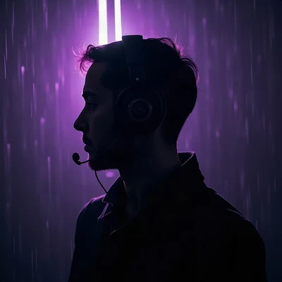 black pfp — faceless figure wearing headphones, violet rim lighting, rain streak bokeh behind