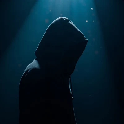 black pfp — hooded figure facing forward, ice blue rim lighting, floating dust particles in light