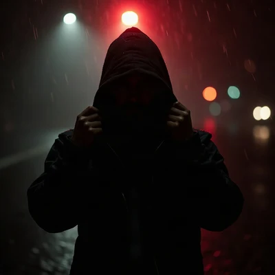 black pfp — figure pulling hood up, crimson rim lighting, rain streak bokeh behind