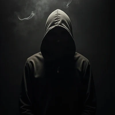 black pfp — hooded figure facing forward, amber rim lighting, thin smoke wisps