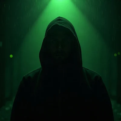 black pfp — hooded figure facing forward, lime green rim lighting, rain streak bokeh behind