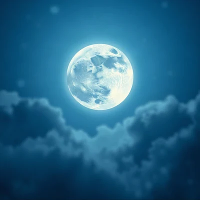 blue pfp — full moon in clouds, dreamy digital painting, gentle bokeh