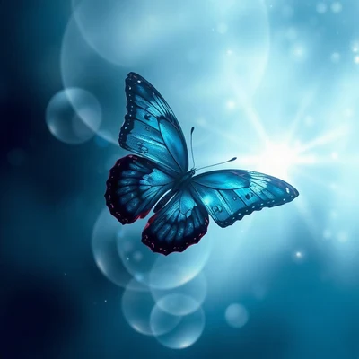 blue pfp — butterfly, dreamy digital painting, misty atmosphere