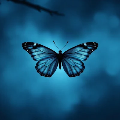 blue pfp — butterfly, cinematic photo style, misty atmosphere