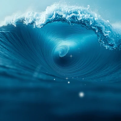 blue pfp — crashing wave curl, cinematic photo style, subtle sparkle