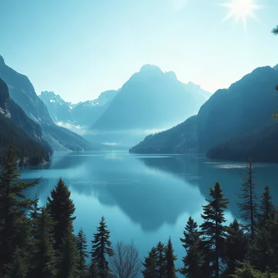 blue pfp — mountain lake scene, cinematic photo style, subtle sparkle