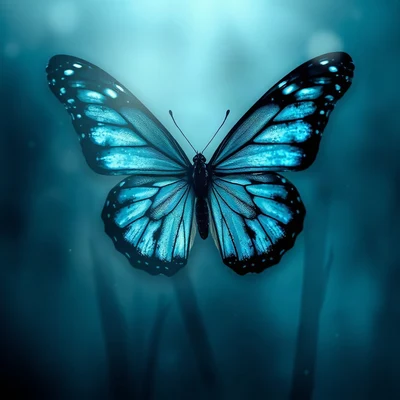 blue pfp — butterfly, cinematic photo style, misty atmosphere