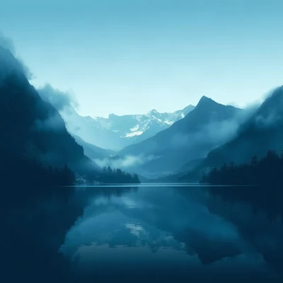 blue pfp — mountain lake scene, dreamy digital painting, soft glow