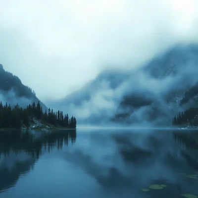blue pfp — mountain lake scene, dreamy digital painting, misty atmosphere