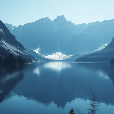 blue pfp — mountain lake scene, cinematic photo style, subtle sparkle