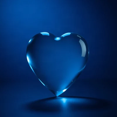 blue pfp — glass heart, cinematic photo style, soft glow