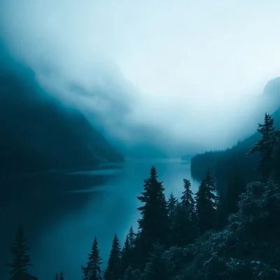 blue pfp — mountain lake scene, cinematic photo style, misty atmosphere