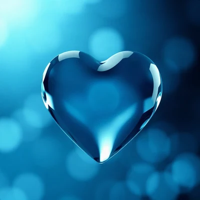 blue pfp — glass heart, soft 3d render, gentle bokeh