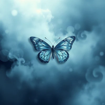 blue pfp — butterfly, dreamy digital painting, misty atmosphere
