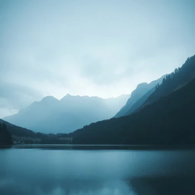 blue pfp — mountain lake scene, cinematic photo style, soft glow