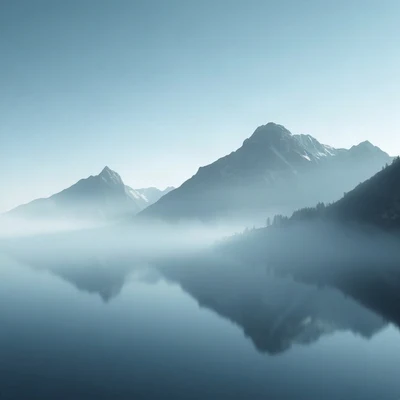 blue pfp — mountain lake scene, soft 3d render, misty atmosphere