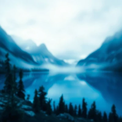 blue pfp — mountain lake scene, dreamy digital painting, gentle bokeh