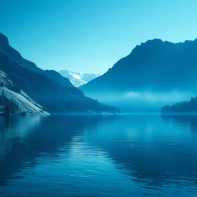 blue pfp — mountain lake scene, cinematic photo style, subtle sparkle
