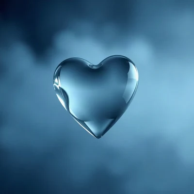 blue pfp — glass heart, cinematic photo style, misty atmosphere