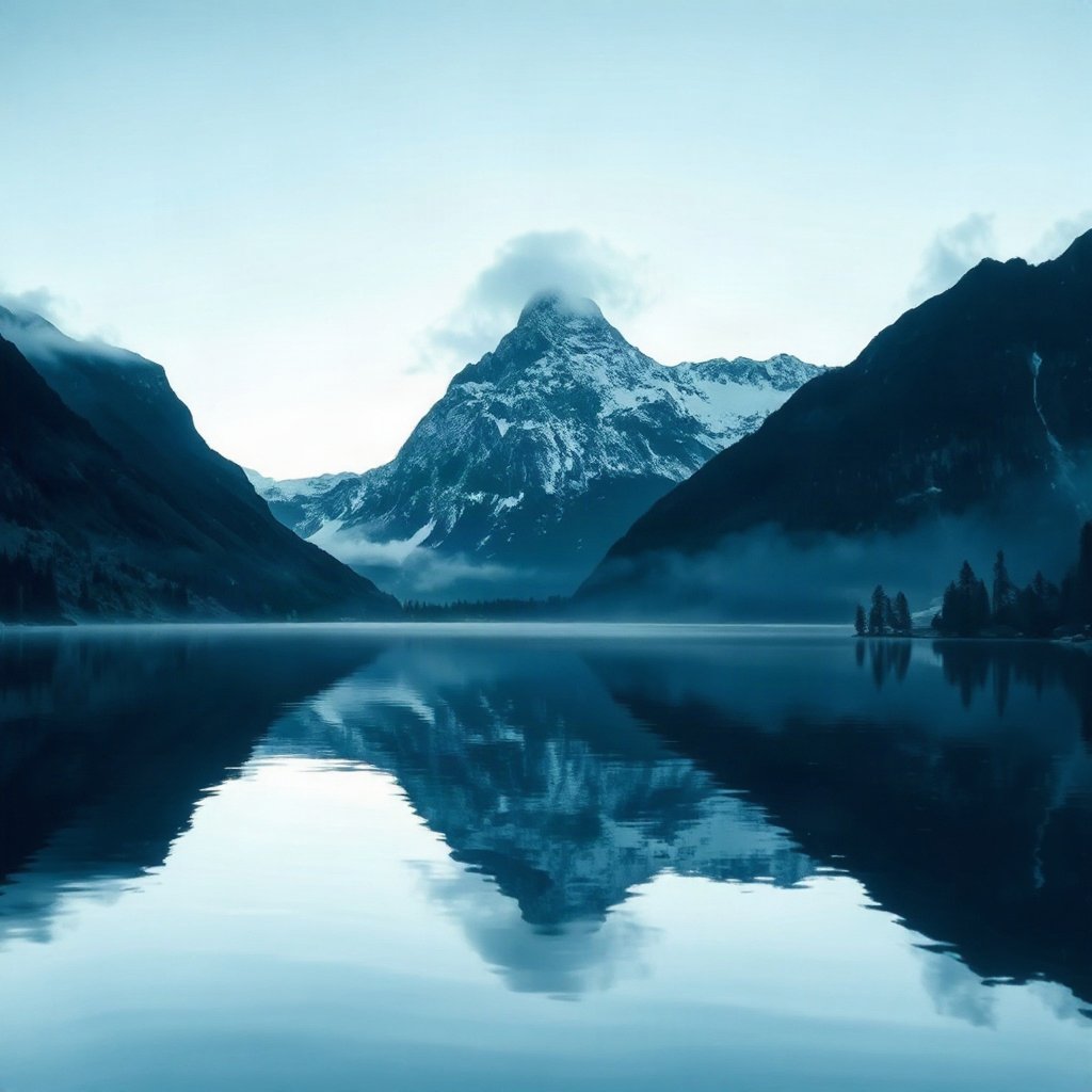 Blue PFPs — mountain lake scene, dreamy digital painting, soft glow