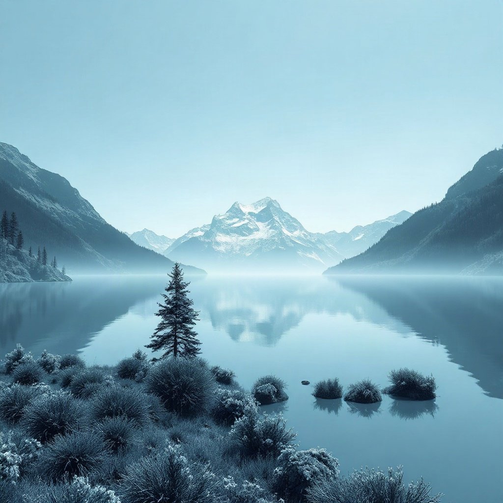 Blue PFPs — mountain lake scene, soft 3d render, subtle sparkle