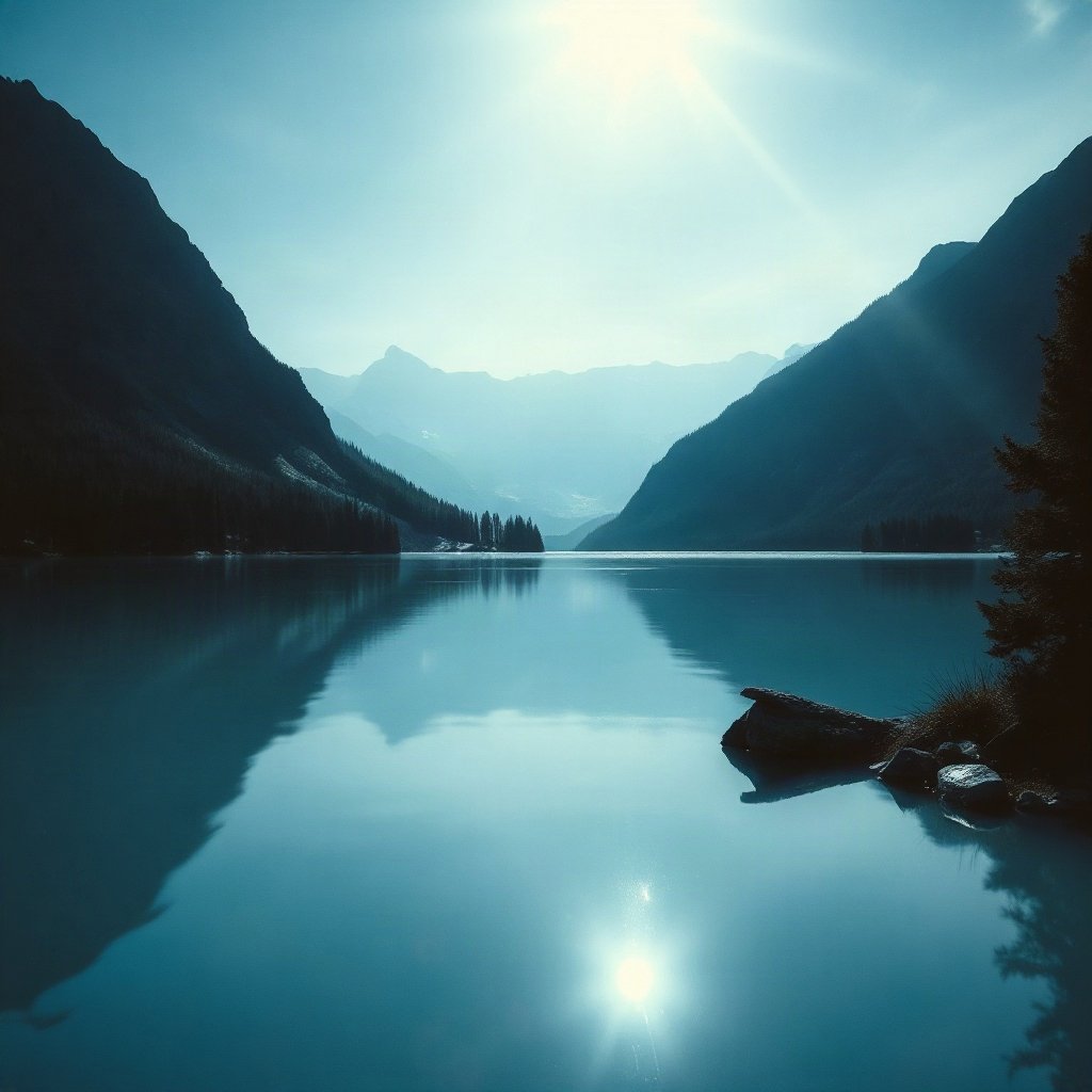Blue PFPs — mountain lake scene, cinematic photo style, subtle sparkle