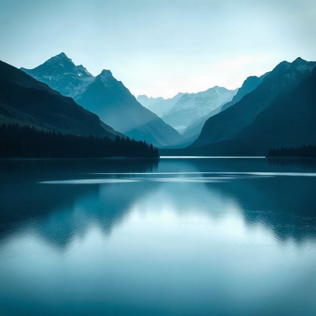 Blue PFPs — mountain lake scene, cinematic photo style, soft glow