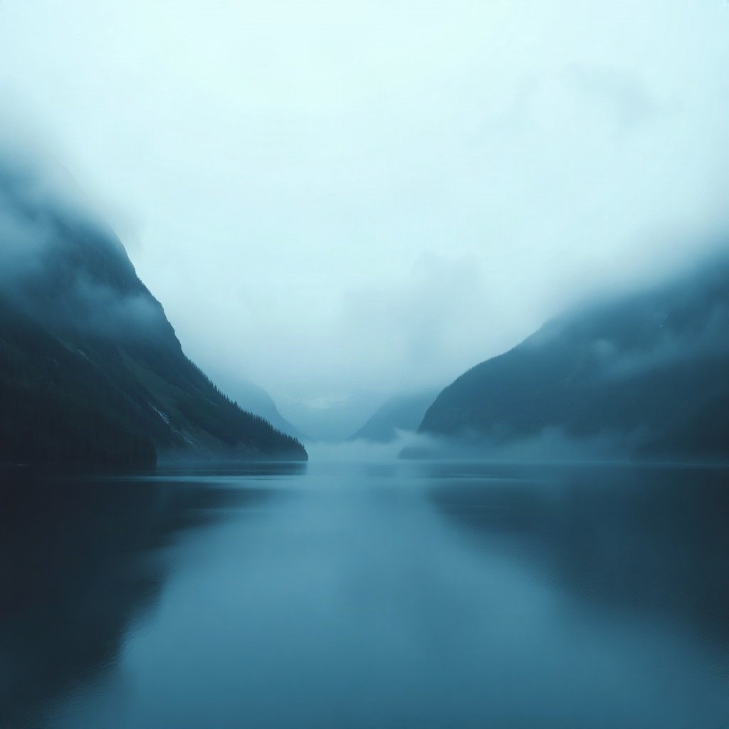 Blue PFPs — mountain lake scene, cinematic photo style, misty atmosphere